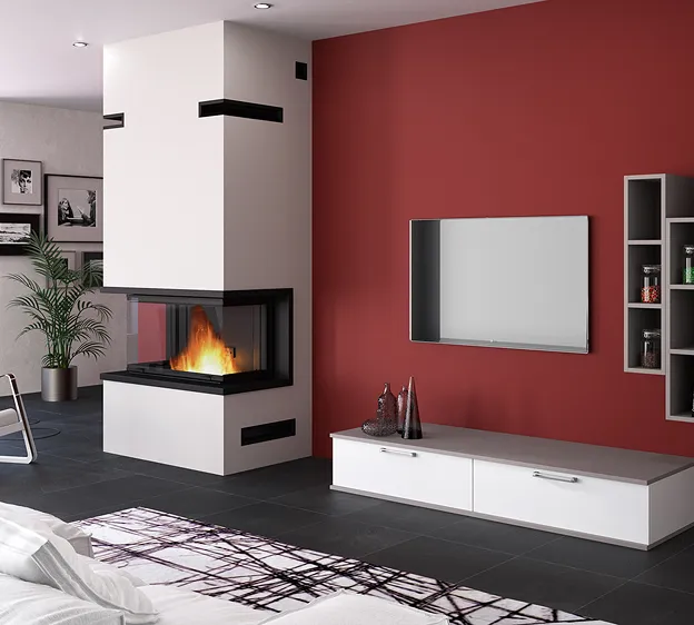 Salon moderne avec cheminée et mur rouge à Chambray-les-Tours près de Tours en Indre-et-Loire 37
