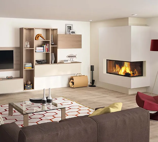 Salon moderne avec cheminée d'angle à Chambray-les-Tours près de Tours en Indre-et-Loire 37